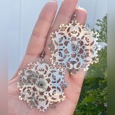 Bought At A Craft Fair And Never Wore Them. Took Out Of Packaging For Pix. Near Perfect Condition. They Sparkle And Reflect Light, Making A Stylish Statement! Silver Laser Cut Earrings As Gift, Cut Earrings, Design Light, A Craft, Craft Fair, Long Earrings, Craft Fairs, Size 2, Jewelry Earrings