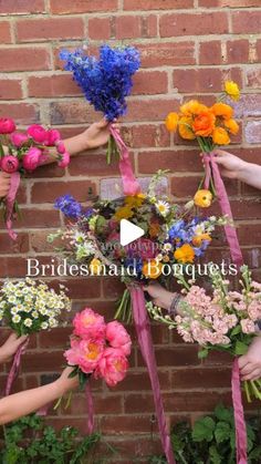 a group of people holding bouquets of flowers in front of a brick wall with the words, bridesmaid bouquets