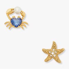 Nwt Kate Spade Sea Star Starfish And Crab Stud Earrings With Dust Bag Plated Metal, Glass, Glass Pearl, Cubic Zirconia Titanium Posts, Signature Spade Clutch Backs Length: 0.4", 0.43" Width: 0.16" Weight: 2.65" Imported Style No. Wbr00355 Crab Jewelry, Crab Earrings, Sea Star, Kate Spade Jewelry, Earings Piercings, Starfish, Blue Gold, Crab, Piercings