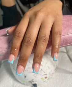 Light Blue Short French Tips, Blue Fresh Tip Nails, Baby Blue Short Square Nails, Pink Nails With Blue Tips, Medium Length Cute Nails, Nails Short Acrylic Blue, Simple Short Blue Nails, Short French Tip Acrylic Nails Blue, Cute Nail Designs For Acrylics