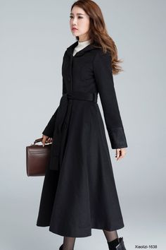 womens black long wool trench coat for winter with hood 1638# – XiaoLizi Black Wool Coat With Belted Cuffs, Black Wool Coat With Belted Cuffs For Winter, Black Belted Wool Coat For Fall, Black Winter Outerwear With Belted Cuffs, Classic Black Belted Wool Coat, Black Belted Wool Coat, Black Belted Wool Coat For Winter, Fitted Black Belted Wool Coat, Elegant Black Belted Wool Coat