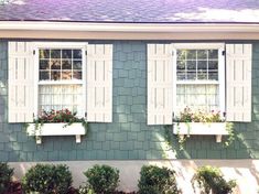 three windows with shutters on the side of a green house, each containing flowers and plants