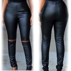 Black PU Holes Elastic Waist Pencil Pants Make Fashion, Facebook Black, Collar Jumpsuit, Hip Clothes, Long Jumpsuits, Pencil Pants, New Fashion Trends, Fashion Outfit, Short Pants