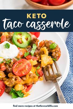 keto taco casserole on a white plate with tomatoes and cucumbers