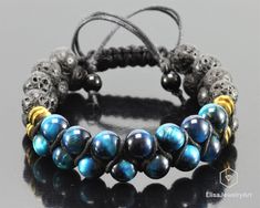 Adjustable Blue Bracelets With Black Beads, Adjustable Blue Beaded Bracelets With Black Beads, Bohemian Black Braided Bracelet With 8mm Beads, Black Bohemian Braided Bracelet With 8mm Beads, Release Fear, Tigers Eye Stone, Blue Tiger Eye, Yoga Mala, Bracelet Macrame