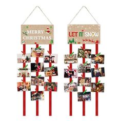 two christmas decorations hanging from the side of a wall with pictures on them and red ribbon