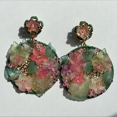 One Of A Kind Gold Tone Earrings Hand Embroidered And Beaded With Acrylic Flowers, Leaves And Crystals. Post Back. 3” Inches Long And 2.25” Inches At Their Wisest Point. Traditional Pink Earrings For Summer, Elegant Embroidered Multicolor Jewelry, Elegant Multicolor Embroidered Jewelry, Pink Embroidered Wedding Jewelry, Pink Beaded Earrings For Celebration, Traditional Pink Embroidered Jewelry, Handmade Pink Earrings For Celebration, Pink Embroidered Jewelry For Festive Occasions, Traditional Green Flower Earrings