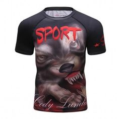 a t - shirt with an image of a wolf on the front, and words sport