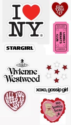 various stickers that say i love ny, stargirl, and viviene westwood