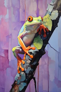 a painting of a frog on a tree branch