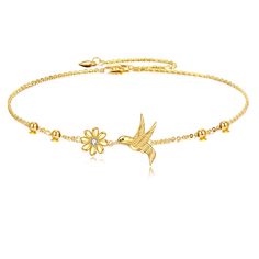 Elevate your style with our exquisite 9K Gold Pendant Bracelet, featuring dazzling Cubic Zirconia, a delicate Hummingbird, and charming Daisy bead motifs, designed exclusively for women who appreciate fine craftsmanship in gold jewelry. This elegant bracelet combines the luxurious sheen of 9K gold with the radiance of Cubic Zirconia stones, making it a perfect accessory for any occasion. Its intricate Hummingbird and Daisy beads add a touch of natureinspired beauty, ensuring that every woman fee Hummingbird Bracelet, Daisy Beads, Daisy Pendant, Daisy Studs, Gold Charm Bracelet, Gold Bracelet For Women, Bead Pendant, Elegant Bracelet, Birthday Jewelry Gift