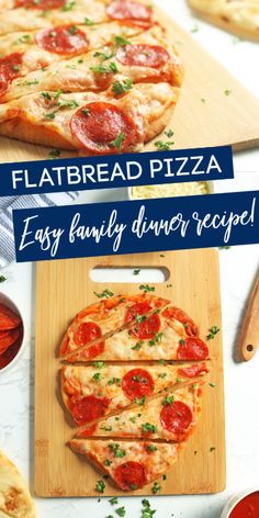 the homemade flatbread pizza is ready to be cut into slices and served on a cutting board