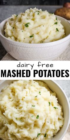 mashed potatoes in white bowls with the words dairy - free mashed potatoes