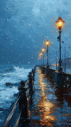 a painting of a man walking down a rain soaked street next to the ocean at night