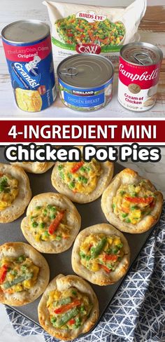 four ingredient mini chicken pot pies on a baking sheet with canned can in the background