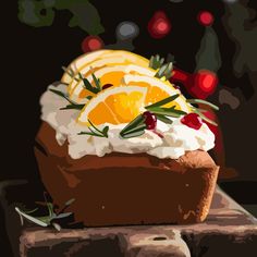 a painting of a loaf of bread with oranges and whipped cream on the top