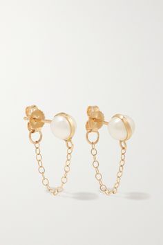 Melissa Joy Manning's earrings have dainty gold chains that drape prettily under your lobe, connecting to the butterfly fastening at the back. They're handcrafted from 14-karat recycled gold and set with mini pearl studs. Wear yours solo or alongside the brand's Herkimer diamond version. 14k Yellow Gold Earrings With Pearl Chain, Convertible Jewelry, Recycled Earrings, The Bling Ring, Melissa Joy Manning, Agate Earrings, Gold Pearl Earrings, Pearl Hoop Earrings, Pearl Gemstone