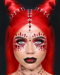 Shop Halloweenupto 70OFF at SHRINEBreak boundaries not the bank with our range of world first hair dyes and toners. Face Jewels Makeup Halloween, Make Up Diabla, Red Devil Makeup Halloween, Devil Make Up Halloween, Devil Face Makeup, Devil Girl Makeup, Halloween Devil Makeup, Devil Makeup Halloween, Epic Halloween Costumes