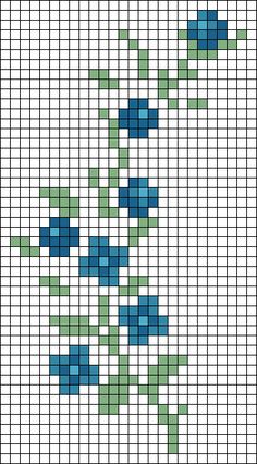 a cross stitch pattern with blue and green flowers on the bottom, in squares that appear to be crocheted