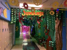 a hallway decorated with paper mache and the word juman on it's side