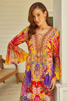 Yellow dress with all over floral prints embellished by stone work. - Aza Fashions Open Sleeves, Tropical Sunset, Tropical Dress, Tropical Floral Print, Printed Maxi, Dress For Women, Printed Maxi Dress, Yellow Dress, Floral Printed