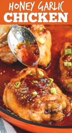 honey garlic chicken is being drizzled with sauce