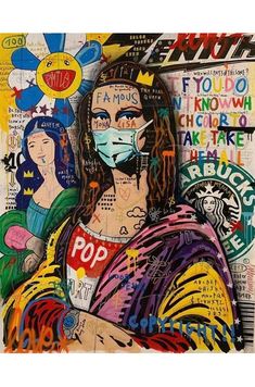 a painting of a woman wearing a face mask and holding a cup with the word pop written on it