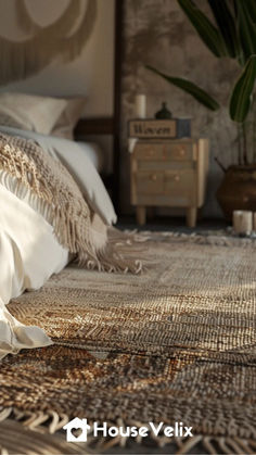 a bed with white sheets and pillows in a bedroom next to a potted plant