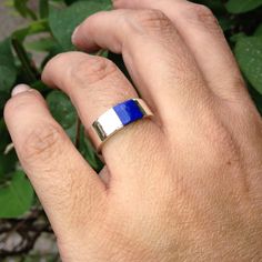 "Modern band ring Lapis Lazuli and Sterling silver inlay. Unique gift for her, girlfriend, friend, wife, mom, September and October birthstone, 8 year anniversary. Beautiful ring with a design of simplicity and modern elegance. The stone is set in the middle of the Sterling silver band. This beautiful ring is worked with the technique of inlay, which means the stone is worked seamlessly into the Sterling silver. All our stones are natural stones and our jewelry is handmade, slight differences in Modern 925 Stamped Jewelry As Gift, Modern 925 Stamped Jewelry For Gift, Modern Blue Jewelry For Promise, Modern Sterling Silver Sapphire Ring Gift, Modern Sterling Silver Sapphire Ring As A Gift, Modern Blue Sapphire Ring In Sterling Silver, Modern Blue Jewelry For Anniversary, Modern Open Band Jewelry As A Gift, Modern Open Band Jewelry Gift