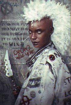 a painting of a woman with white hair and piercings on her head holding a guitar