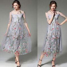 Floral Embroidered Mesh See Through A-line Midi Dress | Uniqistic.com Half Sleeve Embroidered Dress For Spring, Spring Embroidered Half Sleeve Dresses, Half Sleeve Embroidered Spring Dress, Floral Embroidered A-line Midi Dress For Summer, Summer A-line Midi Dress With Floral Embroidery, Spring A-line Midi Dress With Floral Embroidery, Summer A-line Embroidered Dress, Embroidered A-line Summer Dress, Summer Embroidered A-line Dress