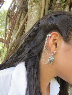 "Silver Ear Cuff Earring, Turquoise Bohemian Cuff Earring, Ear Cuffs, Ethnic Boho Ear Cuff Earring, Stud Ear Cuff Earring, Bohemian Jewelry. ❤ BUY ANY 2 ITEMS ANS GET 15% OFF!! (USE COUPON CODE '15OFF') ❤ ❤ BUY ANY 4 ITEMS ANS GET 20% OFF!! (USE COUPON CODE '20OFF') ❤ ❤ BUY ANY 6 ITEMS AND GET 25% OFF!! ((USE COUPON CODE '25OFF') ❤ THIS LISTING IS FOR ONE EAR CUFF! Complete any outfit with this gorgeous fashionable and trendy silver ear cuff made with natural turquoise gemstone, chains and charm Bohemian Dangle Wrap Earrings For Pierced Ears, Bohemian Dangle Wrap Earrings, Adjustable Single Wrap Bohemian Earrings, Bohemian Adjustable Single Wrap Earring, Adjustable Bohemian Single Wrap Earring, Adjustable Single Bohemian Wrap Earring, Bohemian Adjustable Nickel-free Wrap Earrings, Bohemian Clip-on Dangle Jewelry, Bohemian Adjustable Single Ear Cuff