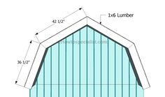 the measurements for a gable roof on a building with blue siding and white shinding