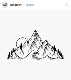 an ink drawing of mountains and trees with the moon in the sky above them on a white background