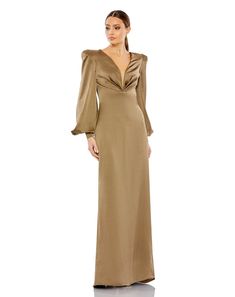 Mac Duggal Long bishop sleeves Plunge neckline Approx. 62.5" from top of shoulder to bottom hem Fully lined through body Available in Olive Style #26703 Formal Gown With Draped Long Sleeves, Fitted Long Sleeve Gown With Draped Sleeves, Chic Long Sleeve Cocktail Gown, Fitted Long Sleeve Gown For Fall, Long Sleeve Dress With Elastic Sleeves For Wedding, Elegant Formal Gown With Puff Sleeves, Formal Dress With Blouson Sleeves And Long Sleeve, Formal Long Sleeve Dress With Blouson Sleeves, Formal Dress With Blouson Long Sleeves