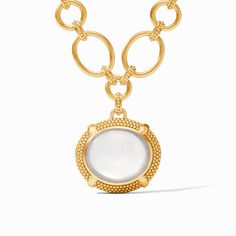 A showstopping polished oval gemstone in a golden beaded setting with an X motif dangles from an airy chain of smooth and beaded links, closing with a textured toggle. Picture Frame Hangers, Clear Crystal Necklace, Julie Vos, Clay Design, Bridal Gifts, Basket Decoration, Clear Crystal, Crystal Necklace, Necklaces Bracelets