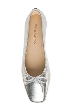 A classic ballet flat crafted from luxe leather gets a contemporary update with a blunt square toe and a dainty bow ornament. Leather upper and lining/rubber sole Made in Brazil Pointed Pumps, Silver Flats, Womens Ballet Flats, Ballerina Flats, Ballet Flat, Black Flats, Nappa Leather, Designer Outfits Woman, Womens Flats