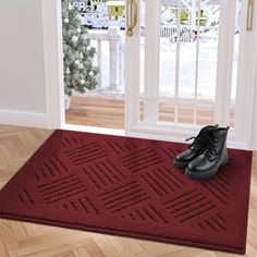 a pair of black shoes sitting on top of a red rug in front of a door