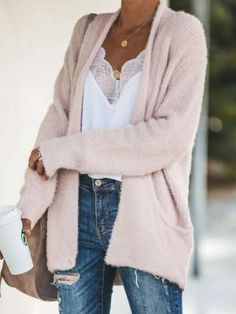 Pink Casual long Sleeve Solid Cardigans Blush Cardigan Outfit, Outfit With Dress, Blush Cardigan, Cardigan Outfit, Solid Color Sweater, Plus Size Sweaters, Casual Tops For Women, Summer Fashion Outfits, Outfit Idea