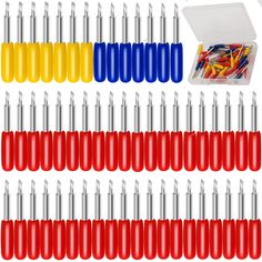 the assortment of screws and needles are shown in different colors, sizes and shapes