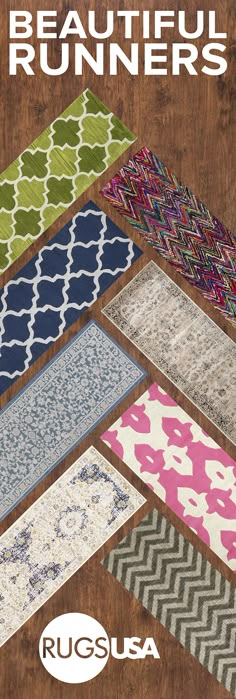 the cover of rugs usa's beautiful runner catalog is shown in multiple colors