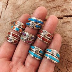 -FAUX BLUE OPAL- ◇ You don't need to be engaged or married to rock this set- itll make a great faux stack too ;) BUT if you are married or engaged- awesome! Tell your man you've got yourself sorted at TT! ◇ Beautiful Zuni made stacker set featuring 2 rings made in sterling silver with faux Blue Opal inlay and center CZ stone. ◇ This ring doesn't stand a chance of getting out of the house without getting noticed, so just be warned! ;) ◇ PLEASE GO 1 SIZE UP TO CATER FOR THE THICK BAND ◈ READY TO S Turquoise Wedding Ring Set, Turquoise Tuesday, Real Turquoise Jewelry, Turquoise Jewelry Rings, Turquoise Wedding Rings, Handmade Turquoise Jewelry, Rings Turquoise, Purple Opal, Stacker Rings