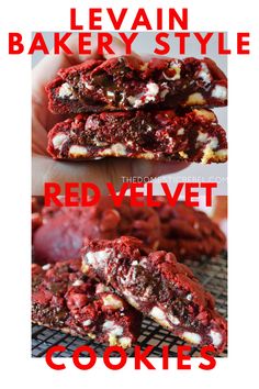 red velvet cookies are stacked on top of each other