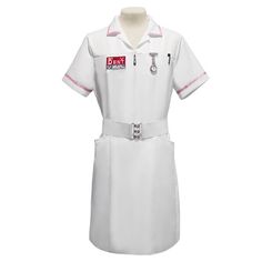 a white nurse dress with pink trims on the chest and collared neckline