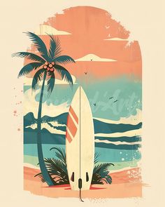 Diamond Painting - Surfboard on the Beach Surf Art Drawing, 70s Surf Aesthetic, Hawaii Vibes Aesthetic, Surfboard On Beach, Beach Patterns, Surf Illustration, Surf Artwork, Retro Surf Art, Surfboard Painting