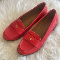 Tory Burch Red Loafer Red Closed Toe Spring Loafers, Red Closed Toe Loafers For Spring, Red Closed-toe Loafers For Spring, Red Slip-on Moccasins For Spring, Red Loafers With Rubber Sole For Spring, Red Closed Toe Casual Loafers, Red Slip-on Loafers For Spring, Elegant Loafers With Red Sole For Spring, Elegant Spring Loafers With Red Sole