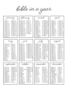 a printable bible in a year calendar with the names and dates for each month