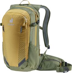 a backpack that is yellow and green with straps on the front, sitting against a white background