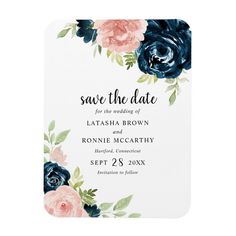 save the date card with blue and pink flowers