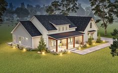 a rendering of a house with lights on the front